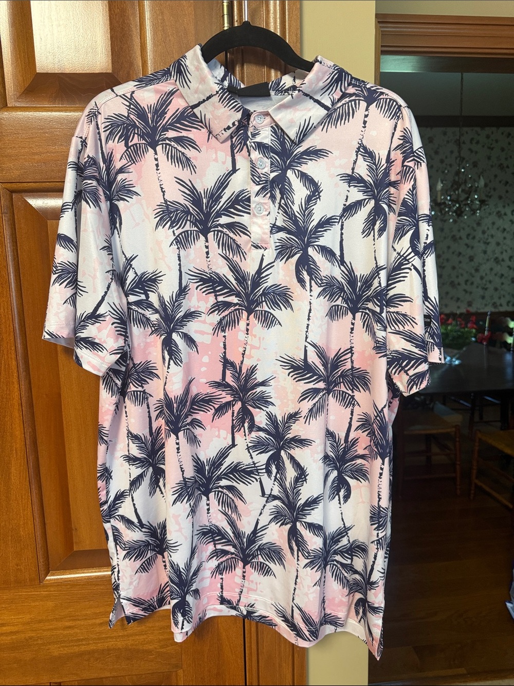 Men's Short-Sleeve Palm Print Polo in Pink & Navy